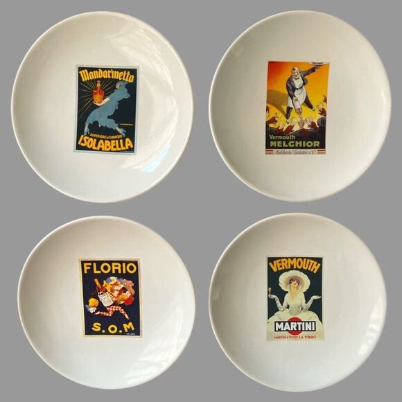 Pottery Barn Vintage Poster Plates Set of 4 8” Dessert Luncheon Cocktail Barware - Picture 1 of 9